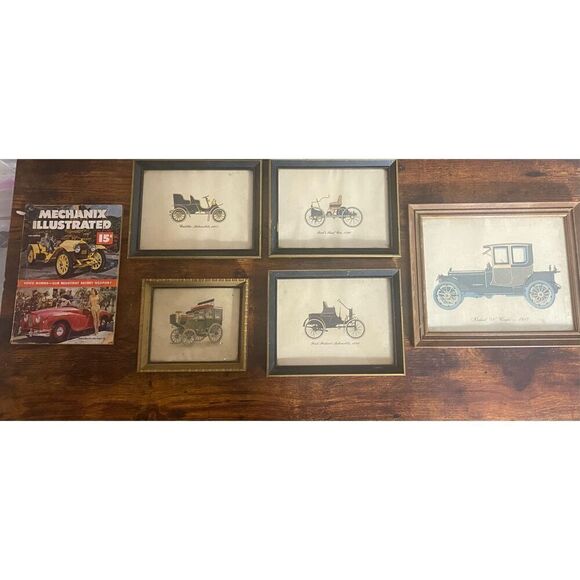 Vintage Antique Auto Reprints 5 Wood Frame Set 1 Mechanix Illustrated ‘51 Magazi - Picture 1 of 7